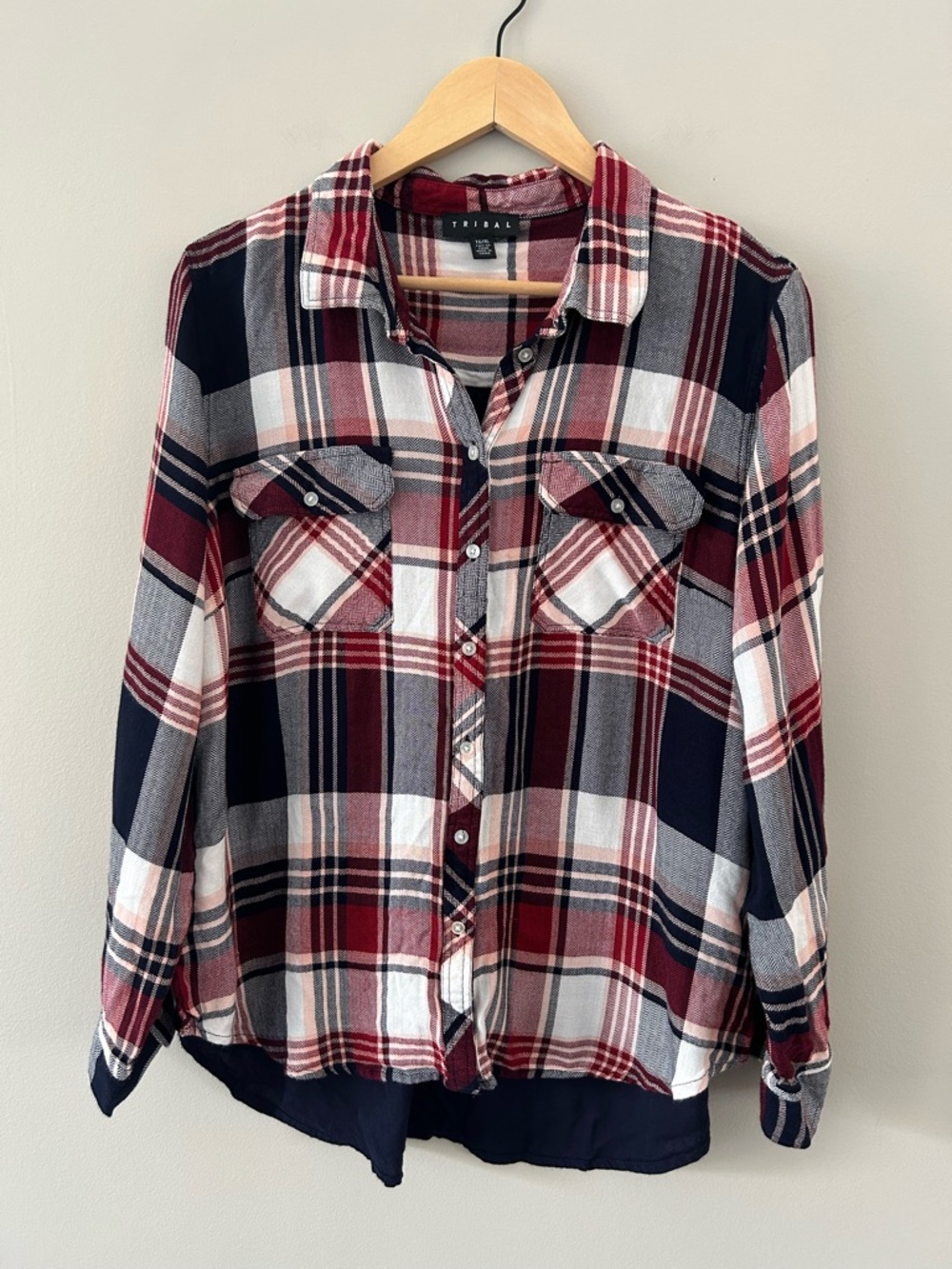 Tribal Navy Red Plaid Lightweight Casual Button Down Flowy Long Sleeve Blouse